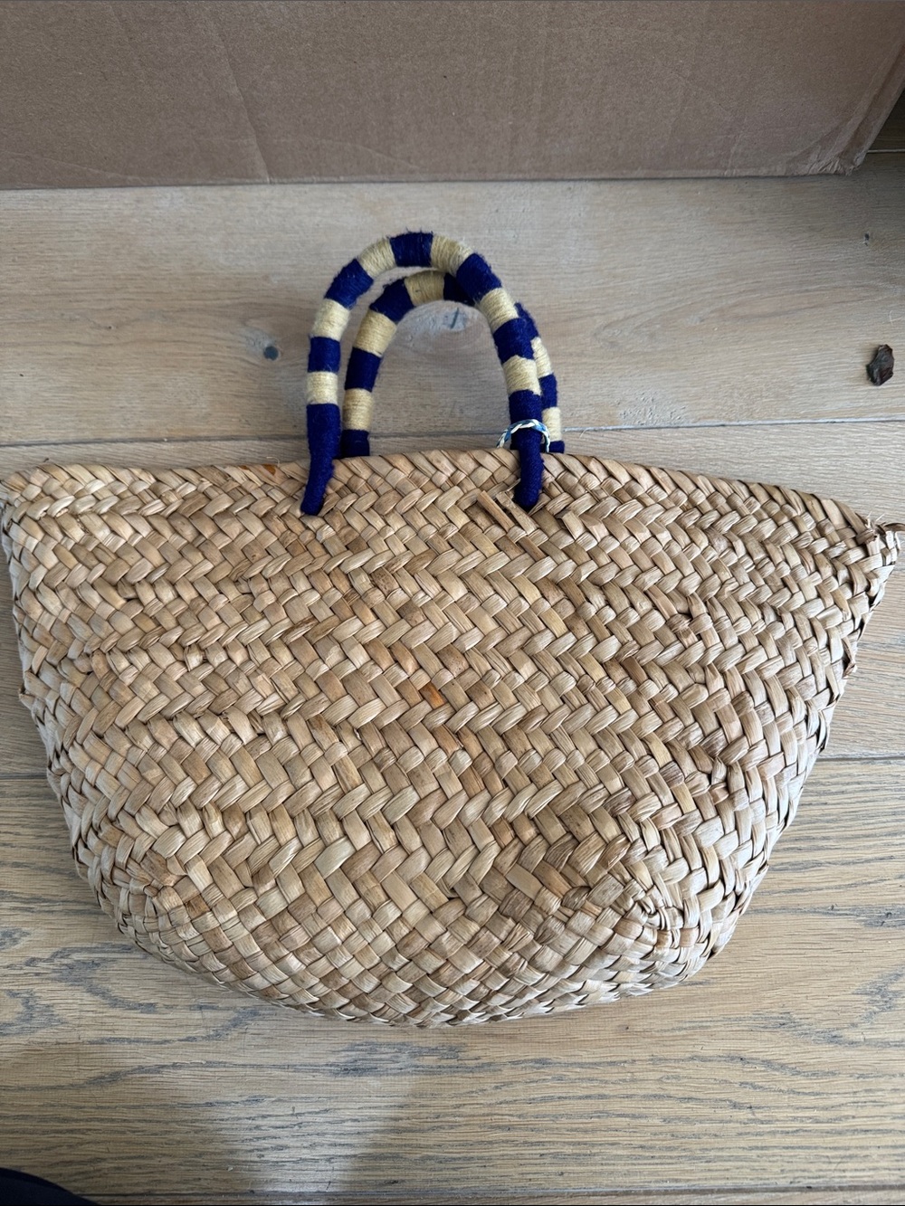 Woven Straw Tote Bag with Navy & Cream Wrapped Handles